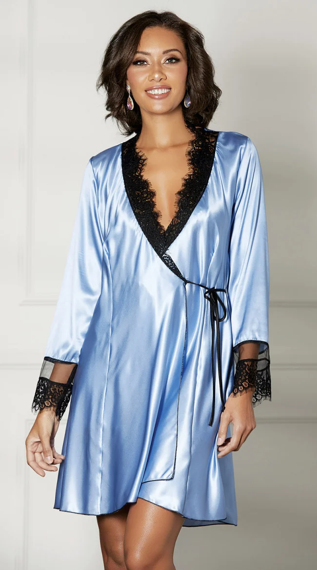 Blue/Black Silky Charmeuse & Lace Short Robe